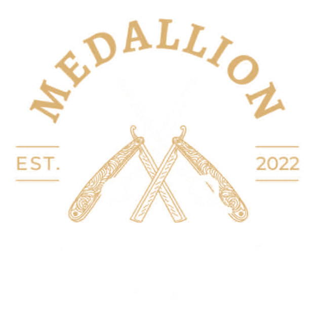 The Medallion crest: crossed straight razors and scissors, Est. 2022, Connoisseurs of Style