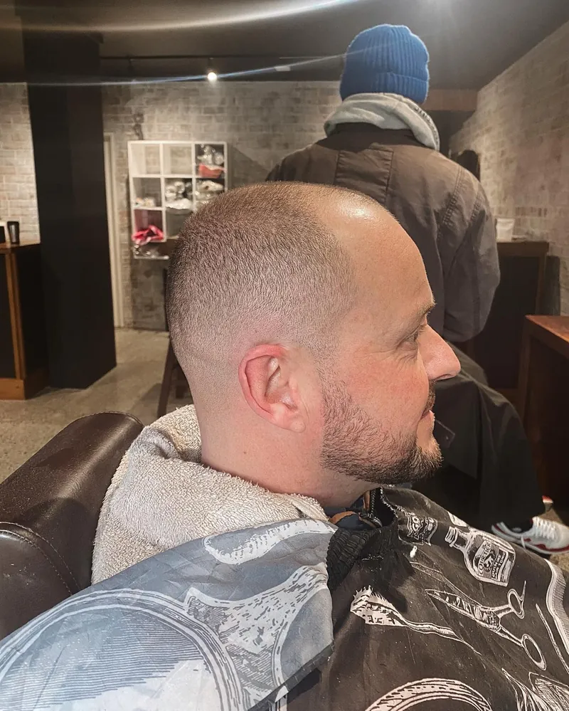 Buzz cut, shaped beard