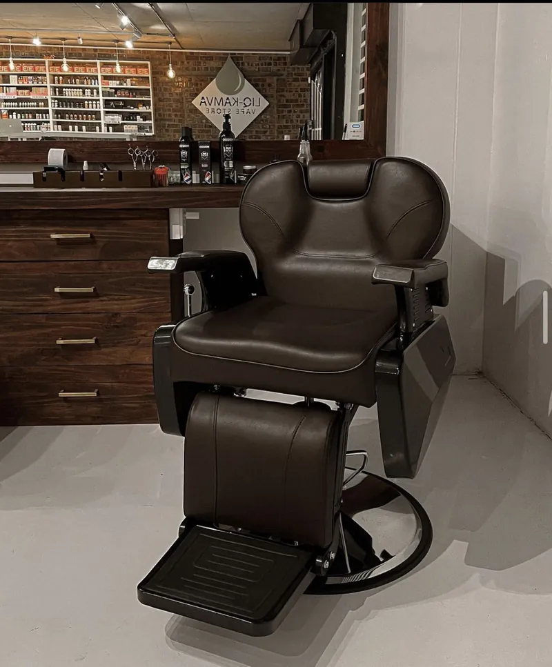 A chocolate leather barber chair at the station in The Medallion